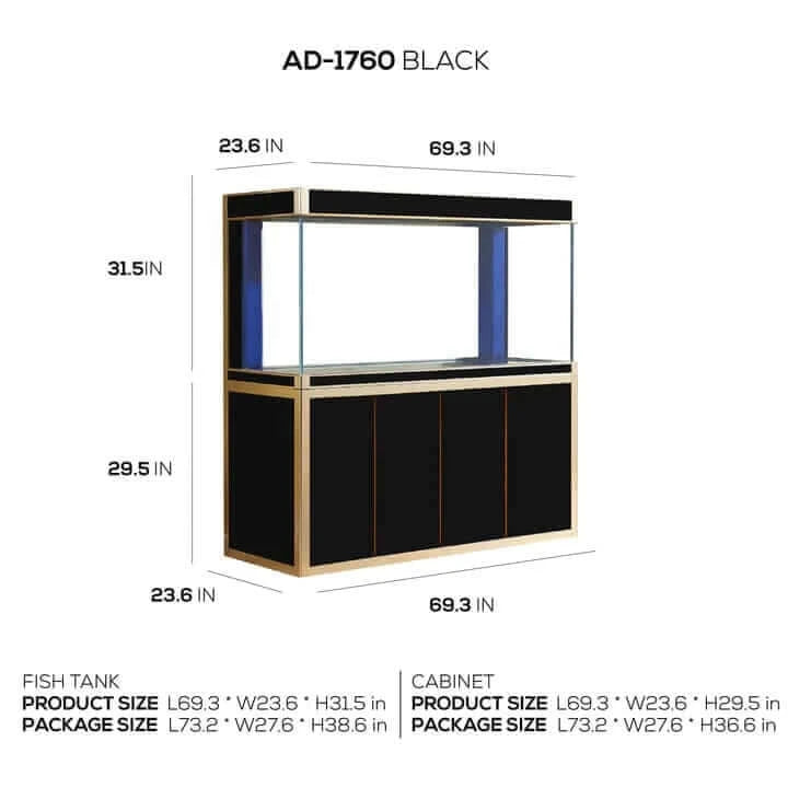 Aqua Dream 220 Gallon Tempered Glass Aquarium (Black and Gold) - dimensions