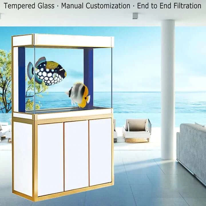 Aqua Dream 135 Gallon Tempered Glass Aquarium (White and Gold) - front view model